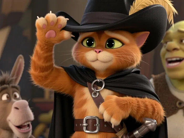 A flawless medium-shot of Puss in Boots from the cartoon *Shrek*, from the waist up. His anthropomorphic feline anatomy is reproduced with perfect accuracy, exactly as in the film. His arms and paws are completely covered on all sides with thick, soft orange fur. He is dressed in his authentic costume, a black hat with a wide brim and a yellow feather, a detailed leather belt with a silver buckle, and the hilt of a rapier on his belt. The cat displays his legendary, irresistibly cute, pleading expression with huge, shiny, twinkling green eyes, pointing one paw—entirely covered in fur—upwards towards his hat, as if to ask, ‘Does this hat suit me?’. Against a softly blurred background, Shrek and Donkey look at him with amusing, melting expressions of pure adoration. DreamWorks’ masterful 3D animation style, ultra-precise rendering of the fur where every individual hair is visible, rich velvety and leathery textures, vivid cinematic lighting, and high resolution.
