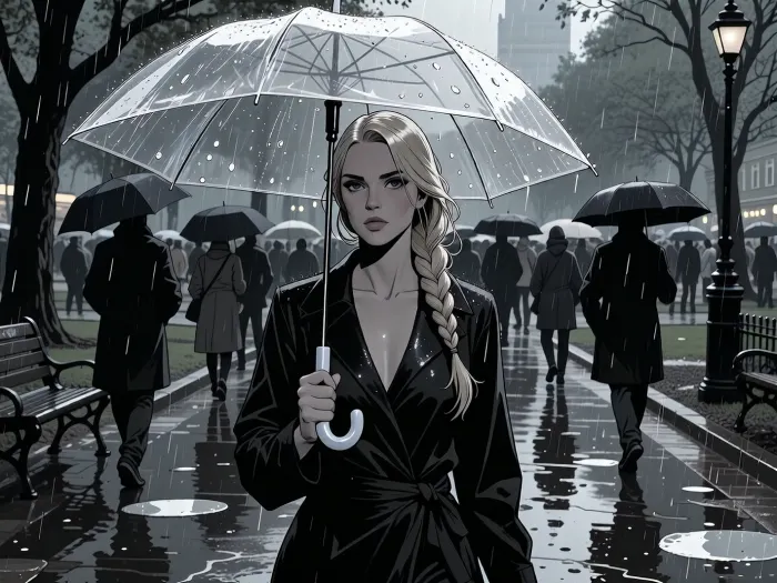 A cinematic noir graphic novel illustration of a beautiful woman walking through a public park among many people on a rainy day, holding a transparent umbrella. She has a calm, reflective expression and blonde hair in a long elegant braid draped over one shoulder. She is the obvious focal point, while other park visitors carrying dark opaque umbrellas and wearing raincoats move through the rainy background. The park contains wet trees, puddles, benches, and reflective pathways under soft gray daylight. Render the scene as a noir graphic novel panel with dramatic black-and-white contrast, deep shadows, selective muted grayscale tones, bold brush-and-ink linework, strong silhouette design, moody rain textures, and graphic storytelling. The woman should be luminous and visually striking within the otherwise darker crowd. The transparent umbrella should remain readable, with rain streaks and beads of water across it. The park should feel atmospheric, urban, wet, and melancholic, with layered crowd composition, realistic anatomy, expressive eyes, realistic hands, wet reflections, and a quietly romantic but noir-inflected mood. The result should feel like a sophisticated modern graphic novel page, not a simple sketch and not photorealistic.