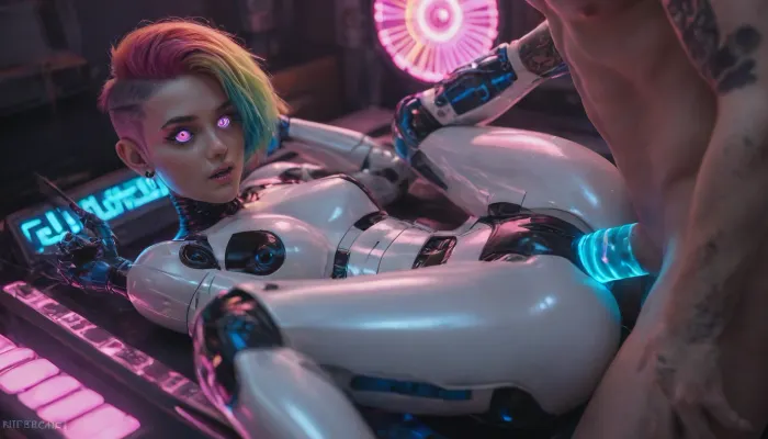 tall, athletic, buxom, (android:1.5), (iridescent chalk white robotic skin:1.3), (iridescent electric blue robotic body:1.4), (colorful fluorescent buzzcut hair:1.5), (iridescent void eyes:1.3), (anal missionary:1.3), cyberpunk hotel bedroom, close sex view