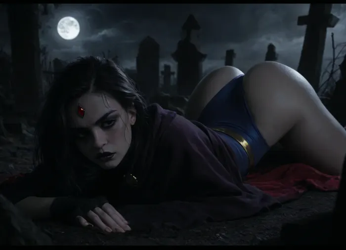 cool glow, dramatic cinematic lighting, moody volumetric god rays, moonlight, full moon, (mark gavatino, Melkor Mancin), incase, realistic masterpiece, 8K UHD, maximum quality, maximum details, score 9, score 8 up, score 7 up, (DC comics Raven), (forehead jewel:1.1), (long sleeve navy blue leotard, fingerless gloves ruby inlay), violet velvet cloak golden brooch ruby inlay, cloak, high waisted leotard, gold belt with multiple ruby inlays, (pale grey skin:1.44), cemetery setting, surrounded by tombstones and graves, dark nighttime, prone, laying, straight bobcut hairstyle, (bored:1.34), ass up, (purple hair), (black lipstick:1.2), medium breasts, (wide hips:1.6), small waist, (skinny athletic physique:1.3), round ass, dark rain clouds, NEGATIVE_HANDS, moonlit body, <lora:EnvyAnimeDigitalPaintingXL01:.9>, <lora:mk_Bp Anime_xl:1.1>, <lora:dark:.8>, hard nipples