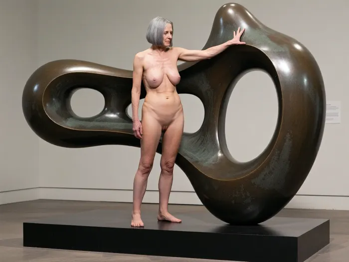 A full-body view at a distance of 6 meters, from head to toe. A cinematic sci-fi fantasy artwork, (an aged nude woman, 70 years old, her skin is that of a 70-year-old woman. The old lady has grey, Small, long, and very saggy breasts, old, wrinkled, sagging skin typical of her age, (70), with stretch marks, ((very detailed skin)), . Hair cut in a bob. She is fucked by a very ugly old man.
Abstract bronze sculpture, organic fluid form, smooth metallic texture with matte dark green and brown patina, curvilinear shapes with a central negative space aperture, modern art gallery aesthetic, placed on a rectangular solid black pedestal, professional studio lighting, soft shadows, high detail, masterpiece, 8k resolution, elegant minimalism, Henry Moore style inspiration.)