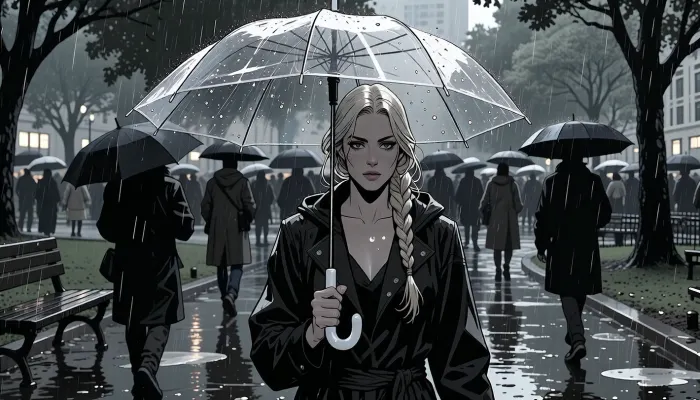 A cinematic noir graphic novel illustration of a beautiful woman walking through a public park among many people on a rainy day, holding a transparent umbrella. She has a calm, reflective expression and blonde hair in a long elegant braid draped over one shoulder. She is the obvious focal point, while other park visitors carrying dark opaque umbrellas and wearing raincoats move through the rainy background. The park contains wet trees, puddles, benches, and reflective pathways under soft gray daylight. Render the scene as a noir graphic novel panel with dramatic black-and-white contrast, deep shadows, selective muted grayscale tones, bold brush-and-ink linework, strong silhouette design, moody rain textures, and graphic storytelling. The woman should be luminous and visually striking within the otherwise darker crowd. The transparent umbrella should remain readable, with rain streaks and beads of water across it. The park should feel atmospheric, urban, wet, and melancholic, with layered crowd composition, realistic anatomy, expressive eyes, realistic hands, wet reflections, and a quietly romantic but noir-inflected mood. The result should feel like a sophisticated modern graphic novel page, not a simple sketch and not photorealistic.