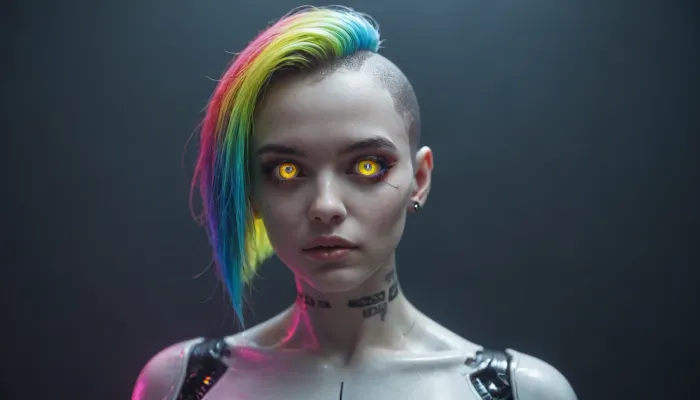 tall, athletic, buxom, (android:1.5), (iridescent robotic chalk white skin:1.2), (iridescent robotic blue body:1.2), (colorful fluorescent buzzcut hair:1.5), (iridescent chrome void eyes:1.3), cyberpunk nightclub dancefloor