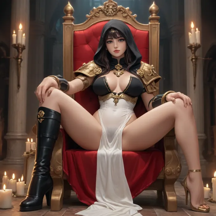 xiangling from genshin impact dross style reiq meets, A highly detailed erotic portrait of a Sister of Battle, (Adepta Sororitas), from Warhammer 40k sitting on a massive gothic imperial throne, beautiful stern-faced young woman with pale skin, intense fanatical eyes, long black hair partially covered by a white wimple and black hood, wearing ornate black and red power armor with gold trim, fleur-de-lis symbols and purity seals, armor partially opened and damaged revealing large breasts, toned athletic body and smooth skin, sheer black lace undergarments visible underneath, legs slightly spread, one hand resting on the armrest, the other holding a bolter or holy flamer across her lap, dark gothic cathedral background with candles, incense smoke, skulls and imperial aquila banners, dramatic chiaroscuro lighting, volumetric god rays, highly detailed textures of ceramite armor, sweat and oil on skin, sensual yet zealous expression, full body view, intricate throne with skulls and purity seals, 8k, photorealistic, cinematic, dark fantasy, Warhammer 40k style, by Greg Rutkowski and Alphonse Mucha, erotic, seductive, NSFW