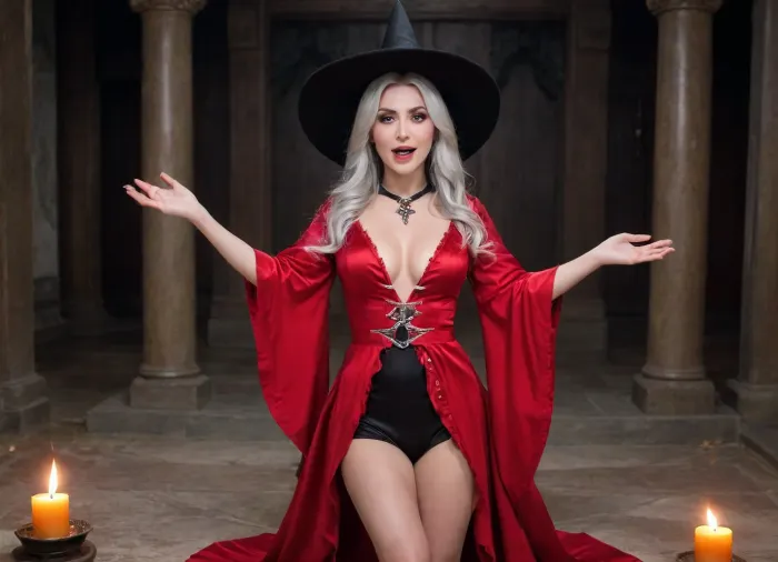 Wizard School, in an asian temple, beautiful asian Witch in a luxury red satin mage robe, mage hat, silver hair, with a very deep neckline, very slim body, big plump breasts, shaved pussy, very long wavy flowing hair, bright green sneak eyes, lied in the center of the great pentagram, ready for dark ritual, legs wide apart, ((((in the hands of the witch is a ritual knife)))), on the witch's face is an expression of wild lust and happiness smile, scream in extasy, want to be sacrificed to Satan, side view