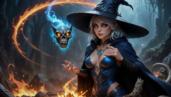 the witch with hat, ((sexy witch outfit:1)), lots of skin showing, black cape, silver hair, jewelry, Necklace, Rings, on display skull, zcaster, <lora:Spellcaster_v4:1>, bright, blue, <lora:bright_blue_eyes:.8>, Rainbowiridal, Spiral, rainbowiridal, eyes, palette, Shiny..., Bright..., Intense, gaze, Fire, dragon, Amber, cat, Anthro..., woman, Genetically, modified..., <lora:Stunning_eyes_2:.8>