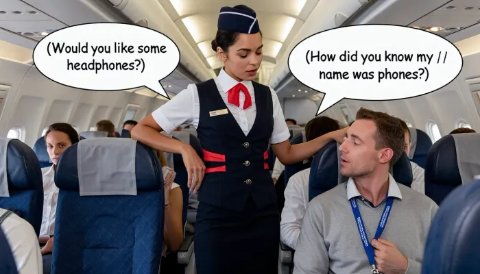 Air hostess, standing in the aisle, leaning, hostess speech bubble, (Would you like some headphones?), / She is looking at the Englishman in the seat, people seated in plane, man speech bubble, (How did you know my name was phones?)