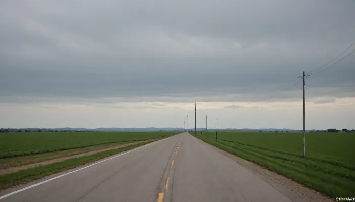 (in Michael Whelan art style), straight narrow old asphalt road stretches away into the distance, along the road are bright green fields and poles with wires on the right, a bright blue sky with white clouds, low mountains on the horizon far away, (saturated bright colors, high definition image, high contrast colors)