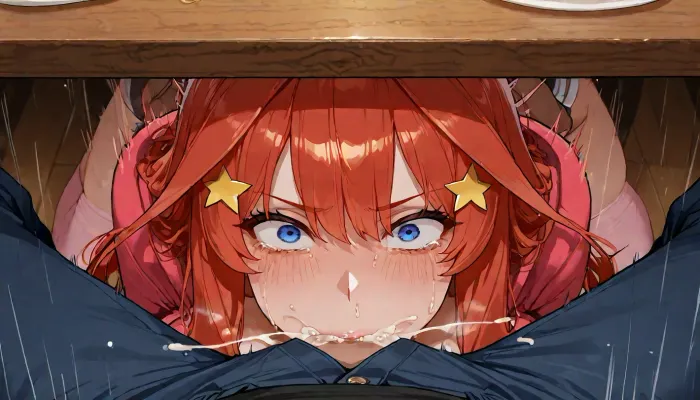 dark anime Style, Nakano Itsuki from quintessential quintuplets, unrealistically huge breasts hoodie, shorts, pink thighhighs, restaurant, under table, unbuttoned pants, fellatio, motion lines, mouth drool, male pov, hand on another's head, forced against their will deep throat, surprised, cumshot in mouth, crazy eyes, being raped, screaming, crying, extreme pain, detailed face, <lora:detailed_notrigger:2>, <lora:add-detail-xl:1.2>, <lora:attractive_notrigger:1.2>, <lora:LCMTurboMix_Euler_A_fix:1.2>