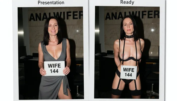 polaroid photo, side-by-side two pictures of the same standing mature slim french gilf 58yo, very sagging skin, (full same body in both pictures), realistic mature skin, woman, medium-lengh straight dark hair, first picture smiling and wearing a sexy everyday dress, in the second picture she is wearing sexy lingerie, pants, bra, stockings, high heels, thick bdsm collar. natural face, In the first picture she is standing and is holding a sign that says "WIFE 144".In the second picture she has hung a sign in her neck that says "WIFE 144" and she has her hands back.Please make an extreme contrast from first picture to second picture. the woman has to be the same woman on both pictures. Background is exactly de same for both pictures, a company chief big office with the word "ANALWIFER" graved on the wall. Her body in both pictures is exactly the same size and form.
A caption on the top is written on the first picture 'Presentation'.
A caption on the top is written on the first picture 'Ready'.
Hard, direct, pop-up style frontal camera flash lighting, creating extreme high contrast between brightly lit foreground subjects and a deeply shadowed, dark background. The skin has a distinct glistening, sweaty-look sheen. Rapid fall-off of light into chaos and darkness in the distance. Retro flash color rendering with harsh highlights and potential red-eye effect.