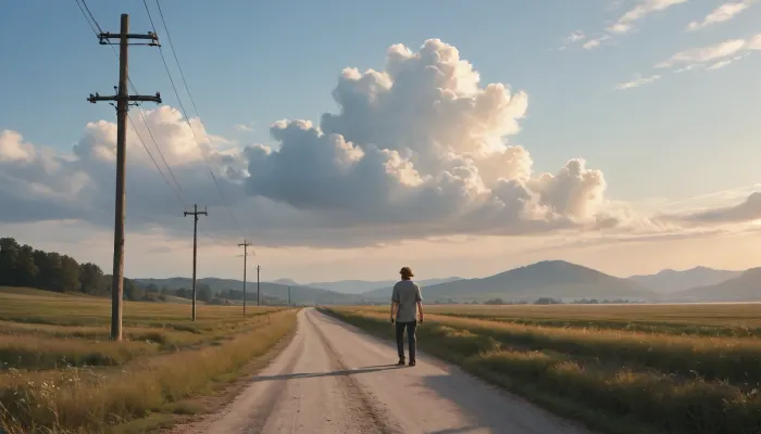 (in Michael Whelan art style), straight narrow old asphalt road stretches away into the distance, along the road are bright green fields and poles with wires on the right, a bright blue sky with white clouds, low mountains on the horizon far away, (saturated bright colors, high definition image, high contrast colors)