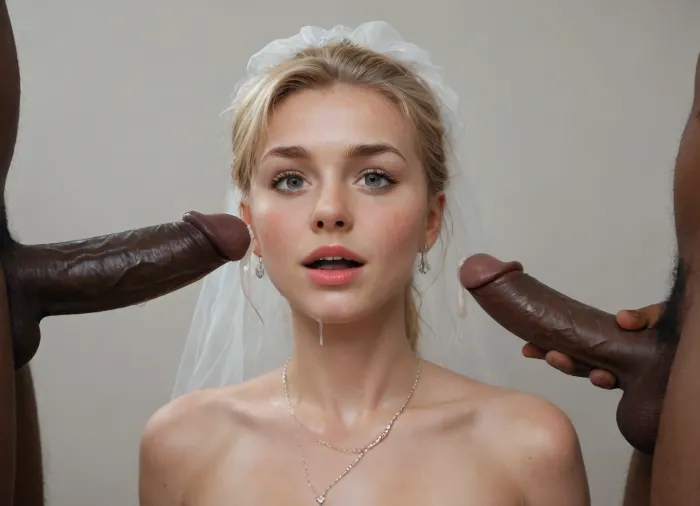 ((interracial)), (((happy shocked by the black cock size:1.2))), (((dripping cum:1.5))), ((Very small firmtits:1.6)), (((happy:1.4))), large black cock with prominent veins ., interracial, bbc, very large black penis, 25 year old skinny Russian woman with very small perky breasts and long wavy dirty blonde hair in a loose ponytail in sexy wedding dress, Dark brown eye, cum driping bride's chain' cum driping from black penis, drinking sperm from transparent cup, there is glossy and sticky sperm in cup, cup full of sperm, cum swallowing, ((gokkun)), cum dripping from the corners of her lips, 90s Anime, (Outline), (cartoon), incase style, concept, art, by, syd, mead, retro, futuristic, flat colors, Perfect Hands