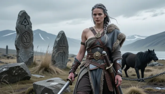 A cinematic, mythologically grounded genderbent depiction of Týr from Norse mythology as an unmistakably female Norse goddess of war, justice, law, courage, oaths, and honorable sacrifice. She stands in a stark Nordic landscape of weathered stone, windswept grass, distant mountains, and a cold overcast sky, carrying herself with quiet authority rather than aggression.

She is a powerful, athletic Scandinavian woman with a strong but unmistakably feminine appearance, fair weathered skin, long ash-blonde hair partly braided in a historically inspired Norse style, clear steel-gray eyes, and a calm, resolute expression. Her presence conveys discipline, integrity, and absolute commitment to her word rather than bloodlust.

Most importantly, her right hand is completely missing at the wrist, clearly showing the sacrifice she made when Fenrir bit it off. The loss should look old and fully healed, not bloody or freshly wounded. Her left hand remains anatomically correct and functional. Do not replace the missing hand with a prosthetic, magical hand, gauntlet, weapon attachment, or mechanical limb.

She wears practical historically inspired Viking Age warrior clothing, layered wool and linen garments, leather belt and equipment, mail armor over a tunic, a heavy weathered cloak fastened with a bronze brooch, restrained fur details, and modest Scandinavian jewelry. Her equipment is functional, worn, and historically plausible rather than ornate fantasy armor.

A sheathed sword hangs at her side, emphasizing that she is a warrior but not depicted in senseless battle. Ancient standing stones carved with subtle runic markings rise behind her, suggesting law, sworn agreements, and sacred judgment.

In the misty background, Fenrir appears as an enormous dark wolf, powerful and ominous but secondary to Týr. A broken chain lies near the wolf or across the stones, subtly referencing the gods’ attempts to bind him. Týr does not appear frightened, she faces the consequence of her sacrifice with solemn dignity.

The atmosphere should feel ancient, austere, sacred, and heroic, emphasizing duty, honor, and willing self-sacrifice. This is explicitly a female incarnation of Týr, preserving the deity’s identity through the missing right hand, association with Fenrir, martial bearing, and fearless integrity. Norse mythology, ancient Scandinavian atmosphere, mythological realism, cinematic composition, cold natural lighting, dramatic clouds, realistic anatomy, realistic remaining hand, highly detailed face, historically inspired materials, weathered textures, subtle supernatural atmosphere, photorealistic.