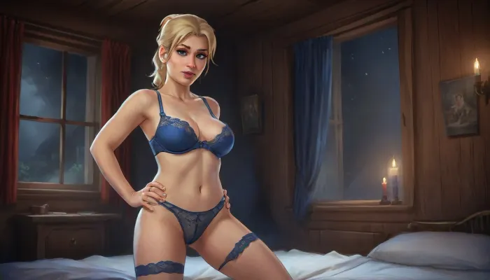 (one woman, Haelga from Skyrim, mature 50 year old, scandinavian, blonde medium hair with ponytail, medium breasts, curvy body, seductive smirk), (wearing blue lace lingerie, stockings), (inside medieval wooden bedroom, window behind bed, night), (standing, sexy provocative pose, hands behind head or on hips), close view, (artwork, digital painting, fantasy art, loading screen art style), shirtlift, <lora:SDXLSamDoesArts:.1>, <lora:SumTim:.1>, <lora:Sinister_Style_SDXL:.1>, <lora:shirtlift_SDXL_v2:.1>