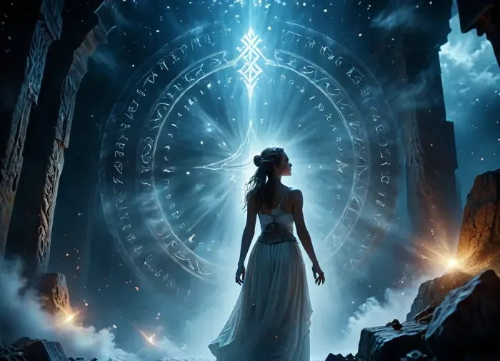 (Dark Fantasy Artwork), artistic, low angle, 40 yo, belle caucasian female, ancient circular runic emblem, glowing white runes, inscribed on a mystical dark celestial background, floating in a cosmic void, surrounded by swirling ethereal nebula clouds and light dust particles, soft volumetric lighting, mysterious atmosphere, germanic mythology aesthetic, intricate runic carvings, glowing white light, dark mood, deep shadows, high contrast, ethereal, mystery, mystical fog, natural beauty, /KlTTY-ART/, <lora:COMFYUI_mimic_landscape_-_XL_SDXL v2.0:.5>, <lora:MJ52:.5>