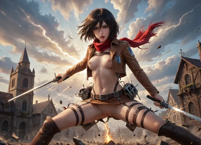 1girl, Mikasa Ackerman, 22 years old, long dark hair, scout jacket, breasts exposed, red scarf, short brown boots, warry face, badass attitude, shouting, (double leather belts around thighs), belt around waist, epic squat fighting pose, one knee on ground, other knee up, very slim fit athletic body, sweaty skin, small b cup breasts, thigh gap, shaved pussy, naked, on high rooftop, in medieval city, very sunny, windy, ((1 lightning bolt coming from the sky is striking ground behind girl)), sunlight and shadows on girl, holding swords, detailed hands, bent over, exploding houses, stone projections, ruined church, ((leaning angle)), AoT1024, Attack titan, wears a costume, two swords, squat fighting pose, knee on ground yellow lightning thunder trails, lthndrtrl, ral-vlntxplzn, <lora:mikasa ackerman:.8>, <lora:AoT1024:.5>, <lora:fightingpose:.8>, <lora:lightning_thunder_V1.1:.1>, <lora:ral-vlntxplzn-sdxl:.8>