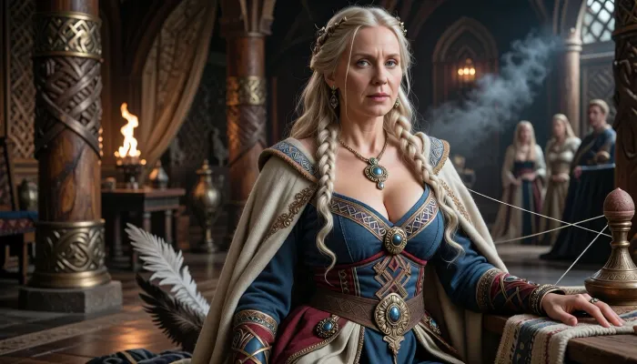 A cinematic, mythologically grounded depiction of Frigg from Norse mythology as the queen of Asgard, goddess of marriage, motherhood, household sovereignty, foresight, and hidden knowledge.

She is portrayed as a regal, curvy, very busty, mature Scandinavian woman of extraordinary dignity and quiet beauty, with fair Nordic skin, long pale golden-blonde hair arranged in intricate braids, clear gray-blue eyes, and a calm, deeply thoughtful expression. Her presence should feel maternal, intelligent, authoritative, and slightly mysterious rather than youthful, seductive, or warlike.

Frigg sits or stands within an elegant great hall in Asgard inspired by Viking-age Scandinavian architecture, with carved wooden pillars, woven textiles, bronze fittings, warm firelight, and restrained divine grandeur. The hall should feel sacred and noble without becoming extravagant high fantasy.

She wears richly woven historically inspired Norse garments of fine wool and linen, layered in pale, deep blue, muted red, and natural tones, decorated with intricate Scandinavian embroidery, tablet-woven trim, delicate gold and bronze jewelry, brooches, and a graceful mantle. Her clothing should communicate royal status through craftsmanship and quality rather than through fantasy armor or excessive ornamentation.

Beside her is a distaff, spindle, or partially woven textile, subtly referencing spinning, domestic authority, and the weaving of fate. Fine threads may extend across the composition in an almost imperceptibly supernatural way, suggesting connections between people, choices, and destinies. The threads should remain subtle and elegant rather than resembling obvious magical energy.

Her gaze is directed slightly away from the viewer, as though she perceives events that have not yet happened. She knows the future but does not speak of everything she knows. The atmosphere around her should carry a sense of restrained sorrow, wisdom, and inevitability.

Subtle symbolic elements may include falcon feathers or a falcon-feather cloak nearby, mist or clouds associated with Fensalir, keys or household symbols representing authority, and distant female attendants suggesting Frigg’s retinue without distracting from her.

The central mood should be serene, sacred, maternal, and quietly ominous. Frigg should feel like someone who commands immense respect without needing weapons or theatrical displays of power.

Authentic Norse mythology, queen of Asgard, divine foresight, marriage, sovereignty, fate, ancient Scandinavian atmosphere, mythological realism, cinematic composition, realistic anatomy, realistic hands, detailed mature female face, historically inspired textiles and jewelry, warm natural firelight, subtle supernatural elements, highly detailed, photorealistic.