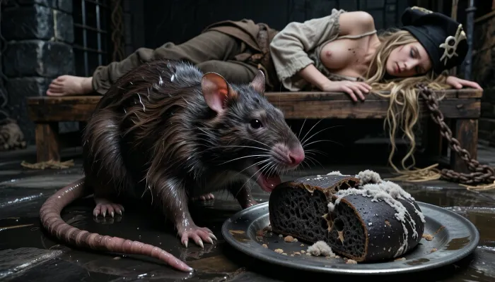 Ultra low key cinematic photorealism, extreme underexposure bordering on black, dense blacks, oppressive wet medieval dungeon atmosphere, a huge adult water rat dominates the extreme foreground, frighteningly close, full body visible from nose to tail, coarse soaked brown black fur clumped into filthy straggly strands, small dark hostile eyes, flattened wet ears, narrow angular muzzle, scarred dirty nose, long whiskers heavy with droplets, powerful wet paws and dirty claws gripping the slick stone floor, the long naked scaly tail lies heavily across the damp ground from base to tip, directly before the rat sits a dented dull tin plate holding medieval dark rye bread, dense black bread, half eaten damp stale and rotten, its cracked crust and coarse porous interior covered with highly realistic pale gray to dirty gray white mold, dry fibrous cotton like fungal growth spreading in soft fuzzy colonies, raised woolly tufts and powdery spores, the rat bites aggressively into the bread with jaws open and incisors clearly visible, directly behind and compositionally just above the rat begins a crudely built wooden sleeping platform without mattress, positioned slightly farther back in the cell, on it lies a captive pirate woman, 28 years old, sleeping on her side with her face turned toward the viewer, visible approximately from upper thighs upward, strikingly beautiful despite exhaustion and dirt, long matted blonde dreadlocks spilling across the rough wood, battered tricorn hat resting near her head, torn filthy sweat stained historical pirate blouse and damaged trousers, huge bare breasts, barefoot, weathered fabric, frayed seams and grime rendered with convincing tactile realism, the woman is larger and more readable than before yet remains slightly softer than the razor sharp rat, her expression peaceful but exhausted, dripping black stone walls, rusty bars, corroded chains, puddles, condensation, straw, mildew, damp haze and faint ground mist, minimal cold grazing light defines the rat, bread and selected edges of the sleeping figure, premium full frame photographic realism, deep blacks, strong micro contrast, subtle analog film grain, claustrophobic, filthy, secretive and profoundly dark