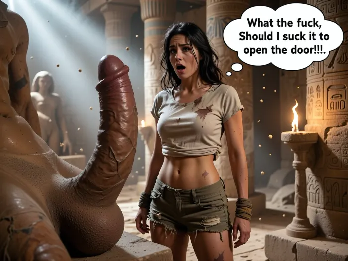 A sexy female archaeologist in her late 20s, athletic and attractive body, long messy dark hair, wearing a dirty and torn beige short-sleeved shirt slightly lifted at the waist and dusty, ripped cargo shorts, standing inside an ancient Egyptian temple, behind her a well-preserved status with a big penis ultra-realistic rising from its status pubic, looking at the penis with wide-eyed shock and arousal at a very large, a little Thought bubble, "what the fuck, Should I suck it to open the door!!!.", Dramatic torchlight and shafts of sunlight illuminate the room, hieroglyphs and ancient pillars in the background, dust particles floating in the air, highly detailed, cinematic lighting, realistic style, 8k. Dramatic lighting, hieroglyphs, stone columns, atmospheric dust, photorealistic, Dramatic lighting