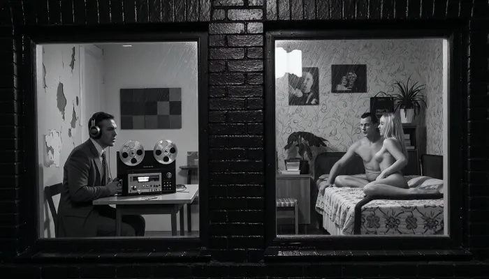 Late 1970s German Democratic Republic, historically accurate monochrome documentary night photography, museum-quality archival realism in dramatic East German social documentary style, an ultra-photorealistic black-and-white image with exceptional greyscale tonal range, deep blacks, luminous highlights, rich analog film grain, subtle grain, view from outside on a rainy night, a dark wet brick facade with glistening reflections, two windows close together. Each filling enough of the frame so that face and subtle expressions are readable. Left window, a peeling, sparsely furnished room with worn walls, acoustic panels implied, a man in DDR suit sits at a simple table with a professional black reel-to-reel tape recorder with two prominent aluminum reels, illuminated VU meters, toggle switches, analog controls, and visible electronics, wearing large over-ear headphones, he hears music, posture tense and focused, face showing subtle Concentration, brows drawn, jaw set, right window a modest DDR bedroom with simple bed thin blankets, practical furniture, bedroom with patterned wallpaper, decorative accessories, family photographs, books, a healthy potted plant, muted fabrics, an detailed adult nude couple has sex on the bed, Faces and bodies visible and highly detailed rendering, joyful sex from behind, German man, 42 years old, and his beautiful blonde wife, 35 years old, Rain-slick window glass with faint interior reflections, high resolution faces and textures despite the low light, respectful, tense atmosphere, no modern objects.