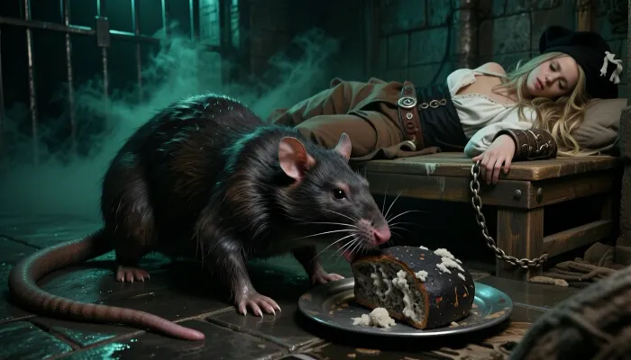 Fantasy setting, cgi render with imperfections, saturated in ultra dark green tones, the entire scene swallowed by deepest darkness and underexposed by 3 stops, filled with thick swirling dark green steam and dust, no ray of light penetrating the suffocating haze, extreme low key cinematic photorealism, dense blacks, crushed shadows, oppressive wet medieval dungeon atmosphere, a huge adult water rat dominates the extreme foreground inside a prison cell, frighteningly close, full body visible from nose to tail, body low and tense, coarse soaked brown black fur clumped into filthy straggly strands, small dark hostile eyes, flattened wet ears, narrow angular muzzle, scarred dirty nose, long whiskers heavy with droplets, powerful wet paws and dirty claws gripping the slick stone floor, the long naked scaly tail lies heavily across the damp ground from base to tip, every ring wrinkle pore scar and sparse hair rendered with extreme precision, directly before the rat sits a dented dull tin plate holding medieval dark rye bread, dense black bread, half eaten, damp stale and rotten, its cracked crust and coarse porous interior covered with pale gray to dirty gray white mold, dry fibrous cotton like fungal growth in soft fuzzy colonies, raised woolly tufts, powdery spores and delicate airy edges, the rat bites aggressively into the bread, sharp incisors visible, captured mid bite, behind and just above the rat begins a crudely built rough wooden sleeping platform without mattress, on it lies a captive pirate woman, 28 years old, sleeping naturally on her side, visible from upper thighs upward, face turned toward the viewer, strikingly beautiful despite exhaustion dirt and confinement, long tangled dirty blonde hair mixed with loose dreadlocks spilling across the rough timber, wearing authentic weathered pirate clothing, a battered black tricorn hat, torn filthy off white loose linen pirate blouse with a traditional laced neckline, visible big breasts and long nipples, worn dark leather waistcoat, broad weathered sash and high waisted torn brown trousers, fabrics frayed sweat stained muddy and aged, her nearest wrist locked in a thick hand forged iron shackle with visible rivets and rough oxidized surface, a short heavy rusty chain running clearly from the cuff to an iron ring bolted into the wooden bunk, her other arm resting naturally near her head, no twisted torso or awkward limb positioning, the woman relatively large yet still softer than the razor sharp foreground rat, dripping black stone walls, rusty bars, corroded chains, puddles, condensation, rotting straw, mildew, wet masonry, dense green smoke and ground mist, only minimal cold grazing definition on the rat, plate and moldy black bread, premium full frame photographic realism, strong micro contrast, tactile dirt moisture rust and fungal texture, subtle analog film grain, claustrophobic filthy secretive and profoundly dark