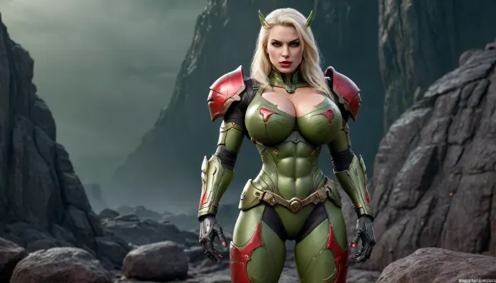 Young woman, female version of Doomguy—a fierce warrior clad in iconic green UAC power armor, (huge natural breasts:1.4), full bust, large breasts, defined abs, striking eye makeup, rich dark eyeshadow on upper eyelids, thick eyeliner, cat-eye style wings, red lipstick, ivory skin, platinum hair with red streaks, solo portrait, BDSM, full-body shot, long hair, lips, standing, looking at the viewer, dark background, armor from doomslayer from doom game, full-length, posed on a rock, <lora:ThePitXL:2>, <lora:add-detail-xl:2>, ​​​​​​​​​​​​, <lora:add-detail-xl:1.5>