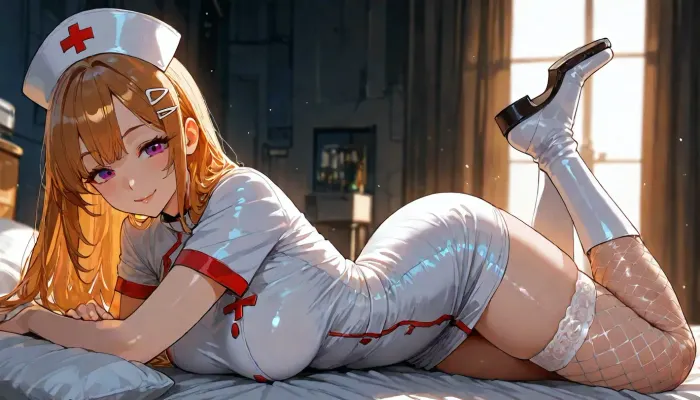 Filipina nurse mature 30 year old, long nurse uniform, small medium breast covered with uniform, pose is prone flat laying on her stomach, long thick working boots, (((beautiful perfect eyes))), playful smile, long fishnet stockings, backlight., Long flowing hair with hair clips, (High, Resolution), (More, Details), (8K), volumetric lighting, cyberpunk lights motif, (background is a dark room bathed in moonlight), <lora:MJ52:1>, <lora:outline_xl_kohaku_delta_spv5x:.8>, <lora:attractive_notrigger:1.1>, <lora:detailed_notrigger:1.8>, <lora:LCMTurboMix_Euler_A_fix:.9>