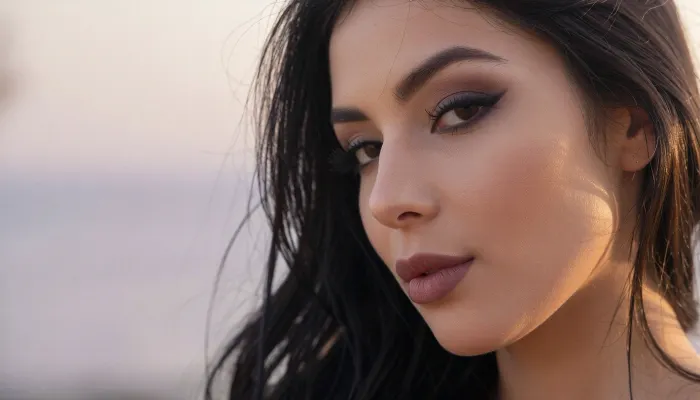 An intimate tight closeup portrait of a sultry Latina woman with an ethereal, soft-focus aesthetic, defined by diffused light. The sensual Mexican woman's long elegant dark hair falls loosely in a thick cascade of luxurious hair.
Long feathery eyelashes and dark smokey eye shadow with thick winged eyeliner accentuating her suggestively sensual eye contact with soft brown eyes.
Her huge lips are a dark matte berry with soft pillowy creases. She has high sharp elegant cheekbones and flawless radiant skin.

The scene is enveloped in a powerful but diffused golden-hour glow from her side, which creates a luminous light bloom on her skin, dissolving sharp edges in an ethereal haze. The background is a very blurred, dreamlike pastoral pastel lavender-gray coastal sky, soft and bright. Soft focus on her luscious kissable lips.
The overall mood is an intimate serene sensuality. Shallow depth of field, subtle film grain, light leaks, vintage analog lens. This is a high-key photograph.
The subject is anchored to the right side of the image, using the rule-of-thirds compositional technique.