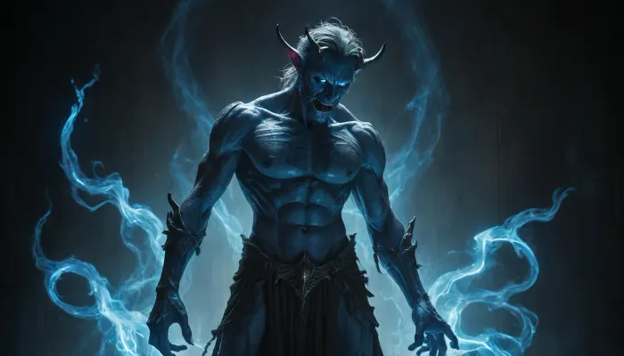 inkwork, mysterious, (WHIMSICAL:1.2), dark, (fantasy:1.6), brilliant, ILLUSTRATION, (unhinged DEMON:1.5), BLUE LASER_LIGHT_painting