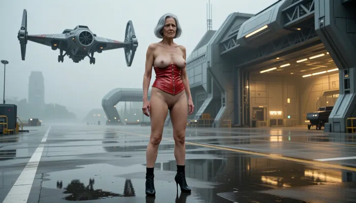 A full-body view at a distance of 4 meters, from head to toe. An elderly, sad, mad, innocent, topless, cheerful grandmother, (an aged woman, 70 years old:1.8), . Her skin is that of a 70-year-old woman. The old lady has grey hair, (Small, long, and very flat, saggy breasts:1.8), ((very detailed skin)), . Hair cut in a bob, with black high heels. A red leather corset reveals her breasts and vagina. Cinematic wide view of a TIE fighter spaceship hovering above a sleek, modern airport tarmac, futuristic hangar architecture in the background with glowing golden interior lights, wet reflective ground with realistic puddles, hazy and misty atmosphere, high-tech aesthetic, Star Wars style, hyper-realistic, 8k resolution, industrial design, metallic surfaces, sharp focus, volumetric lighting, photorealistic, intricate mechanical details, cinematic composition.