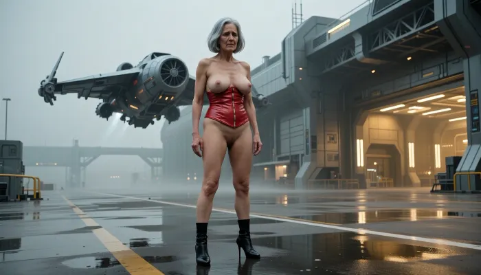 A full-body view at a distance of 4 meters, from head to toe. An elderly, sad, mad, innocent, topless, cheerful grandmother, (an aged woman, 70 years old:1.8), . Her skin is that of a 70-year-old woman. The old lady has grey hair, (Small, long, and very flat, saggy breasts:1.8), ((very detailed skin)), . Hair cut in a bob, with black high heels. A red leather corset reveals her breasts and vagina. Cinematic wide view of a TIE fighter spaceship hovering above a sleek, modern airport tarmac, futuristic hangar architecture in the background with glowing golden interior lights, wet reflective ground with realistic puddles, hazy and misty atmosphere, high-tech aesthetic, Star Wars style, hyper-realistic, 8k resolution, industrial design, metallic surfaces, sharp focus, volumetric lighting, photorealistic, intricate mechanical details, cinematic composition.