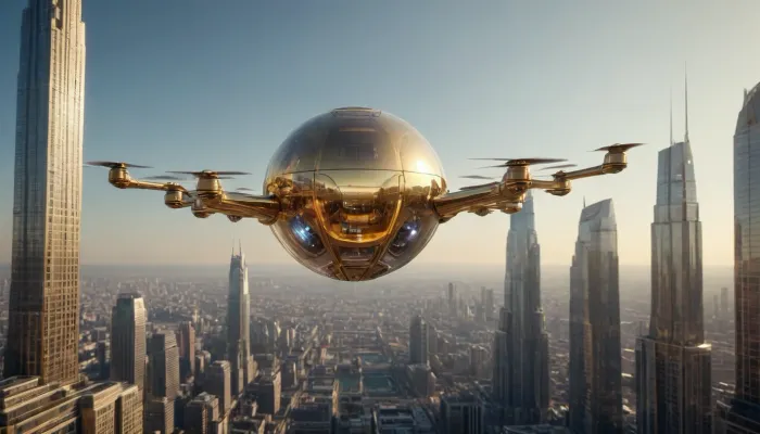 photorealistic image, fullcolor image, full body view, 8K quality, the world of future, highly developed alternative technologies, futuristic siti, crystal energy-based technologies, fantastic flying machines, high-rise buildings made of gold and crystal glas