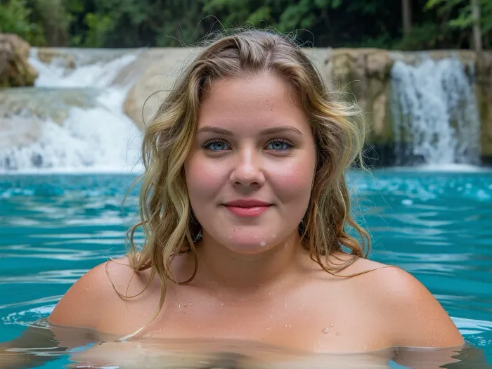 Close-up of Curvy blonde plumper swimming in front of Cascadas de Agua Azul in Chiapas. It is a whole series of turquoise-blue natural pools and waterfalls. Model face, Petite chubby face, 20yo, (fatty)