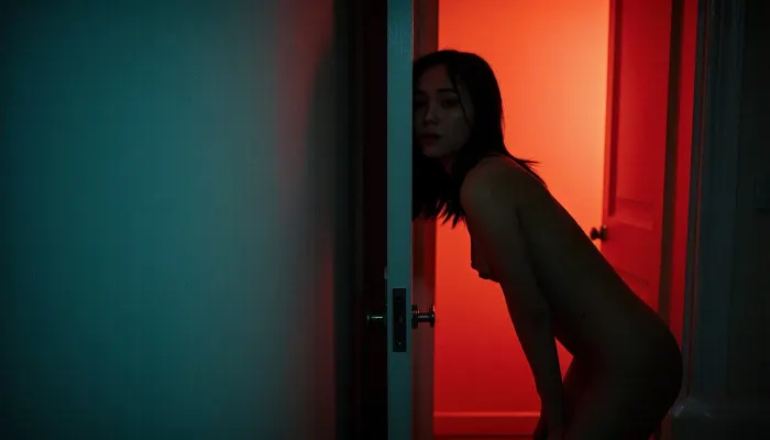 Fine art cinematic photography, Wong Kar-wai aesthetic, CineStill 800T, heavy grain, deep teal and red split lighting, near total darkness, extremely shallow depth of field.
A very yyoung woman nude, looks at the viewer.

She leans in a doorway in the deep background, silhouetted against blazing red orange light flooding through the door, her nude form dark against the red, face indistinct, watching or waiting, the doorway a rectangle of burning red in the dark room.
Deep teal consuming the foreground, red consuming the background, the two figures in completely different colour worlds, heavy grain amplifying the darkness between them, the space between the two figures loaded and unresolved.