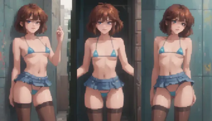 Stylized pixel art, bratty eighteen year old tight bodied girl, toned fit gym body, thick thighs, wide hips, pert round ass, toned stomach, small breasts, with long brown hair, wearing black glasses and a tiny crop top and string thong. She has a playful, cheeky expression, smirking flirtatiously, standing in a, (futuristic city alleyway, at night, lit by, neon light, refelections, rtx), her hands are against the wall and she is being, (fucked from behind by a man), . Vaginal penetration. Her outfit includes knee-high, micro bikini, micro skirt, thigh-high stockings. Retro anime pixel aesthetic, soft halftone shading, vibrant colours, black background, cute and energetic pose — 16-bit inspired sprite style., pixel, art, <lora:ratatatat74-000050:.2>, <lora:outline_xl_kohaku_delta_spv5x:.3>, <lora:cartoon_stickers_xl_v1:1.2>, <lora:NEOTOKIOXL_0.2_RC:.4>, <lora:pixel_stormXL:1>