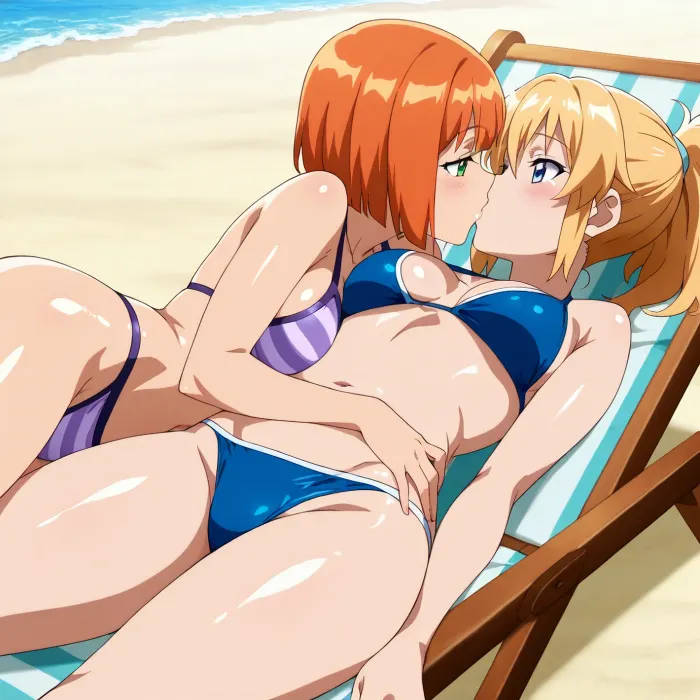Masterpiece, (Fit body girl, 20 years old, blonde ponytail, bright blue eyes, small tits, blue bikini), (short orange bob hair girl, athletic body, medium breast, purple striped bikini, green eyes), beach, shiny skin, happy, laying on beach chair, lesbian kissing, hugging, best quality, (((anime art style)))