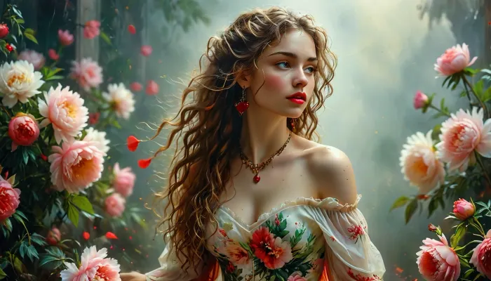 (Dark Fantasy Artwork), artistic, low angle, artistic painting in a watercolor and oil on parchment, 40 yo, belle caucasian female with long flowing curly hair, white off the shoulder top, flowing red floral patterned skirt, seductive gaze, red lips, delicate earrings, multiple necklaces and bracelets, red heart shape, dynamic effect through paint splashes and streaks, a cluster of large soft pink peonies with green foliage, warm colors, painterly texture, fantasy, natural beauty, gleaming ghostly gold, epically atmospheric fog, red ribbons, /KlTTY-ART/, <lora:COMFYUI_mimic_landscape_-_XL_SDXL v2.0:.1>, <lora:MJ52:.1>
