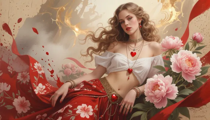 (Dark Fantasy Artwork), artistic, low angle, artistic painting in a watercolor and oil on parchment, belle Caucasian female with long flowing curly hair, white off the shoulder top, flowing red floral patterned skirt, seductive gaze, red lips, delicate earrings, multiple necklaces and bracelets, red heart shape, dynamic effect through paint splashes and streaks, a cluster of large soft pink peonies with green foliage, warm colors, painterly texture, fantasy, natural beauty, gleaming ghostly gold, epically atmospheric fog, red ribbons