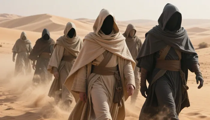 cinematic shot of a group of mysterious figures walking through a vast desert, inspired by the aesthetic of Dune, hooded cloaks, heavy fabric draping, face-concealing hoods, faceless, sand-dusted textured robes in shades of beige, sand, and dark charcoal grey, hazy atmosphere, swirling dust particles, desert landscape, soft diffused sunlight, desert planet, ethereal and epic scale, high detail, sharp focus, cinematic lighting, dramatic shadows, wide angle, desert dunes in background, 8k, photorealistic, intricate textures, masterpiece, moody, atmospheric.