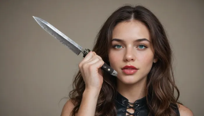 (Photorealistic), The Background is a poor dirty bedroom, she wears a shiny leather corset, A cute 20 years woman, dark wavy long hair, piercing green eyes, model face, model body, perfect skin, red lipstick, blue eyes, heavy make-up, She has a knife in her hand, she licks cum off the blade of the knife, she is very sexy, dark long hair, her tongue drips cum, cum drips off the edge of the knife blade