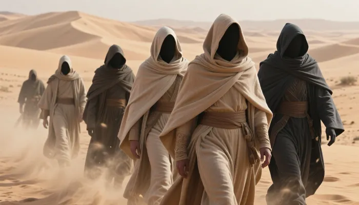cinematic shot of a group of mysterious figures walking through a vast desert, inspired by the aesthetic of Dune, hooded cloaks, heavy fabric draping, face-concealing hoods, faceless, sand-dusted textured robes in shades of beige, sand, and dark charcoal grey, hazy atmosphere, swirling dust particles, desert landscape, soft diffused sunlight, desert planet, ethereal and epic scale, high detail, sharp focus, cinematic lighting, dramatic shadows, wide angle, desert dunes in background, 8k, photorealistic, intricate textures, masterpiece, moody, atmospheric.