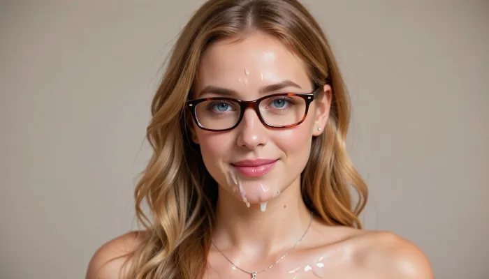 Photorealistic photo of adult nude woman with cum all over her body, 28–32, exactly 150 cm / 4’11”, exceptionally petite. Character identity and facial consistency are absolute priority. Very fair warm-neutral skin with peach/rosy undertones, natural pores and subtle tonal variation. Compact softly oval face tapering toward a small rounded chin, delicate curved jawline, moderately full cheeks, subtle cheekbones, natural facial asymmetry. Cum all over her face.

Medium almond-shaped blue-grey/grey-hazel eyes, natural spacing, softly defined eyelids. Fine warm-brown eyebrows, moderately thin with a restrained arch. Narrow delicate nose of moderate length, straight slender bridge, small nostrils, softly rounded tip. Medium-full rose-pink lips, slimmer upper lip, distinctly fuller lower lip, soft Cupid’s bow and slightly raised corners. Characteristic restrained, knowing closed-mouth smile, no teeth.

Distinctive slim dark burgundy-brown/tortoiseshell glasses, small-medium rectangular lenses with rounded corners, thin bridge, transparent lenses, eyes fully visible.

Long warm honey/strawberry-blonde hair with beige-gold and subtle copper tones, slightly darker roots, silky fine strands. Full layered side-swept bangs covering much of the forehead, wispy face-framing strands. Hair gathered into a loose low side ponytail falling over her left shoulder, (viewer-right), with large soft S-waves and curled ends. Small stud earrings and delicate silver necklace with tiny pendant.

Exceptionally petite skeletal frame, narrow shoulders, small ribcage and short compact torso. Extremely large natural breasts relative to her tiny 150 cm frame, visually approaching the size of her head in overall apparent volume, with substantial forward projection and lower fullness, naturally firm yet realistically heavy, soft-tissue weight and gravity. Natural shape, never spherical or implant-like. Defined waist, rounded hips, thick soft thighs, curvy feminine physique while retaining a clearly tiny underlying frame.

Preserve exactly, facial geometry, eye shape/spacing, nose, lips, jaw, chin, closed-mouth expression, glasses, hairstyle, hair color, apparent age, petite 150 cm stature and dramatically bust-heavy proportions. Do not beautify or redesign her. No generic AI-model face.

Nude nude nude nude nude, Cumming, orgasm, cum all over her body, cumshower