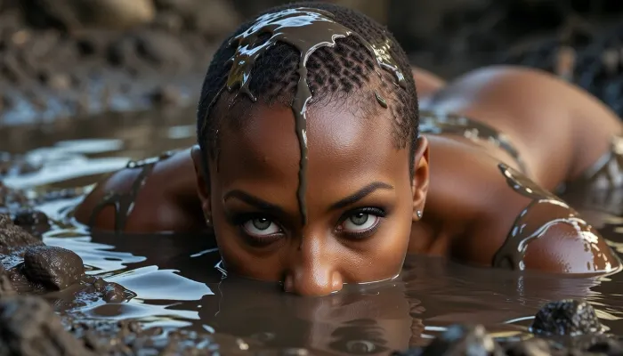 Hyper-realistic, high-resolution photograph of a mature, beautiful, curvy African woman with a shaved 1mm buzz cut emerging from a thick, viscous mud pool. She is submerged up to her eyes, with only the top of her head and her intense, staring eyes visible above the muddy surface, mimicking the stealthy posture of a lurking crocodile. The mud is dark brown and textured, clinging to her whole visible skin. Dramatic lighting highlights the wet mud covering her scalp, skim and forehead and the piercing gaze of her gray-green eyes. Shallow depth of field focuses sharply on her eyes, blurring the background. Cinematic composition, 8k, highly detailed, raw photo style.