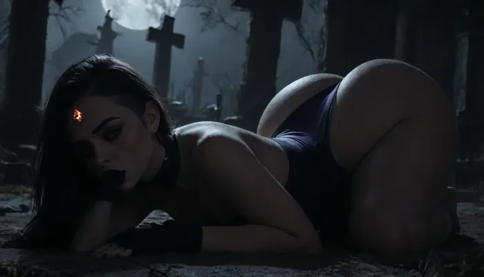 Score_9, score_8_up, score_7_up, sideview, glowing city lights, dramatic cinematic lighting, moody volumetric god rays, 8K UHD, (mature adult woman), (pale grey skin:1.2), (graveyard setting:1.2), haunted woods, tombstones, on all fours, Doggystyle, (ass up, arched back), (head down, face pressed to floor), (purple bobcut hair:1.4), hair over eye, (huge lips:1.4), (bored:1.5), (huge septum ring:1.4), (black lips:1.5), straight hair, (forehead jewel:1.3), (navyblue velvet leotard:1.3), fingerless gloves ruby inlay, high waisted leotard, gold belt with multiple ruby inlays, loose golden belt, Endless_Up_SDXL_Neg, smallbreasts, small waist, (((wide pelvis, broad pelvis, wide hips, huge thighs))), (thicc lower body), (exaggerated hips:1.4), dark clouds, city glow, pink tongue, (tongue out:1.31), <lora:EnvyAnimeDigitalPaintingXL01:.9>, <lora:ratatatat74-000050:.8>, <lora:mk_Bp Anime_xl:1.1>, <lora:dark:.8>, <lora:Long_Tongue_SDXL_JugX_trigger_l0ngt0ng43:1.4>