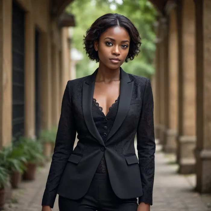 Une femme de 24 ans aimable. Elle travaille beaucoup, elle développe des applications. Elle est de race noire camerounaise. professional woman wearing a structured solid-fabric blazer black, one button open to reveal a delicate lace black camisole at the chest. Opaque jacket, lace details strictly on the inner top.
