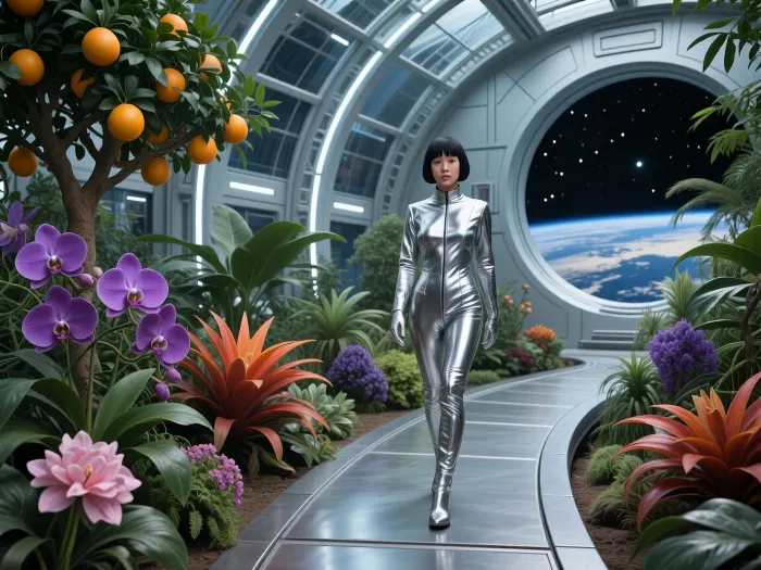 A futuristic greenhouse inside an orbital space station of the future, a young Asian woman with a short haircut and a calm expression walks along a wide, curved, silvery metal walkway. She is wearing a form-fitting, shiny silver jumpsuit with dark blue inserts on the sides and gloves. All around is dense, lush vegetation, to the left, a citrus tree bearing ripe orange oranges, large purple orchids, various flowers, and tropical plants, tall, arched metal structures with glass panels that mimic daylight, and behind her, a large round porthole window offering a view of Earth, the stars, and the blackness of space, cinematic lighting, highly detailed rendering of skin, fabric, leaves, and metal, photorealism, sci-fi