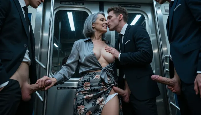 Photorealistic and cinematic concept art, shot with a 35mm lens from a low angle, between the legs to create an impression of imposing dominance. An empty, claustrophobic, and dimly lit subway car at midnight, under harsh, flickering fluorescent light that casts deep shadows and cold reflections., (An elderly woman, 70 years old:1.8), . Her skin is that of a 70-year-old woman. The old woman has gray hair, (small, long, and very saggy breasts:1.8), ((highly detailed skin)), . With her hair cut in a bob, she wears an unbuttoned gray silk blouse that reveals one breast and a floral miniskirt slit at the side, pressed against the cold, metal-framed glass doors. A seductive smile. Three men in their twenties, dressed in dark, elegant suits, form a triangular cage around her. Their genitals are exposed. The man in the center, one hand pressed against the glass near her head, caresses her breast with the other, his face inches from hers, leaning forward for a kiss. A hand grips the small of her back, fingers digging into the fabric. A third man's hand slips inside the slit of her skirt, caressing her thigh and sliding up, revealing her white panties. She reaches out to grasp a bare penis in each hand. Her expression is a mixture of breathless anticipation and palpable apprehension. Her lips form a faint smile, her wide-open eyes reflecting the zenithal light. An atmospheric haze, breath visible in the cold air, an electric tension. A palette of sterile blues, deep blacks, and shimmering silver silk. High contrast, hyper-detailed skin textures, dramatic chiaroscuro, film noir aesthetics, 8K resolution, a masterpiece, impeccable sharpness.