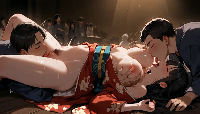Stage, under spotlight, audiences, girl, sandwiched between three men.threesome, foursome, black hair, struggling, kimono, two Men, licking her pussy, eating her vaginal, (cunnilingus:1.3), groping, cuddling her, another man groping her breast, medium breasts, sucking her tits, loving her, She, screaming, moaning, agehao, orgasm, horny, detailed pussy, (hairy pussy:1.4), transparent fluid in her thighs. Side view, . Messy room, wood floor, Full body view, <lora:dark:1.8>