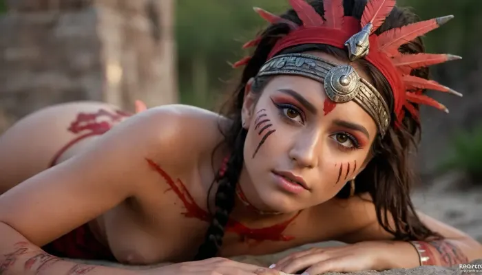 Photorealistic, Very detailed, deep depth of field, ultra-high resolution, Sharpened, Overexposure, Parallax, Wide Angle, Night Vision, Renaissance, Dramatic red sunset with long shadows, A young, stunning, wild, seductive, flirtatious, slender naked Aztec warrior woman with a highly detailed face and war paint. She wears short Aztec warrior clothing and Aztec jewelry. She is performing an occult blood sacrifice ritual in front of an ancient Aztec temple in the Mexican jungle. she is in a Pools of blood, knives, spears, and skulls lie on the ground, She have flat small breasts, natural soft shining skin, soft face and body, She plays romantically with her hair, (She is looking in any direction), (((worm's-eye view))), Face closeup, ((She is lying down))