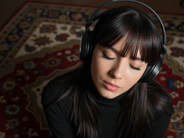 An intimate tight closeup portrait, A young woman, large black headphones on, a Persian rug fills the background, completely absorbed and surrendered to the music, (she has very long dark hair with a fringe, black turtleneck), .


Heavy grain, deep amber lighting, near total darkness, extremely shallow depth of field.
The warm dim light, deep shadow consuming the floor and the edges of everything, the underexposure flattening all contrast into near darkness, the darkness the entire mood.